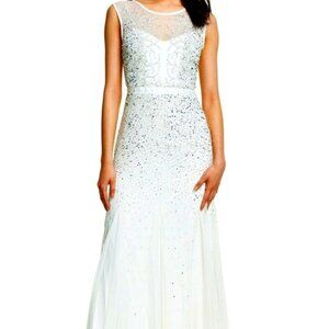 Adrianna Papell Formal White Silver Sequin Evening Gown Size 4 Beaded Illusion